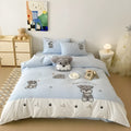 Schnauzer cartoon embroidery on a complete cotton bedding set with quilt cover, flat sheet, and pillowcases.