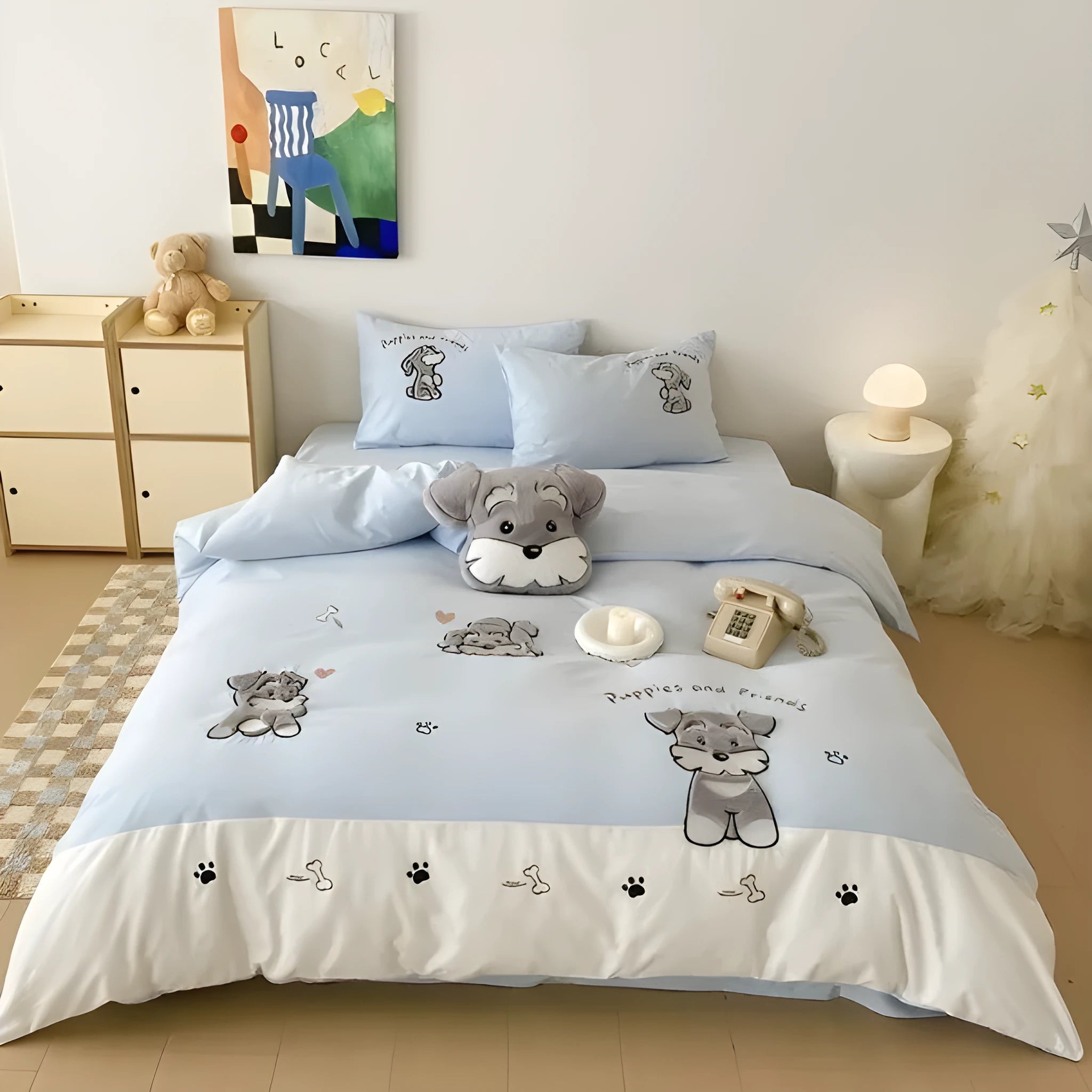 Schnauzer cartoon embroidery on a complete cotton bedding set with quilt cover, flat sheet, and pillowcases.