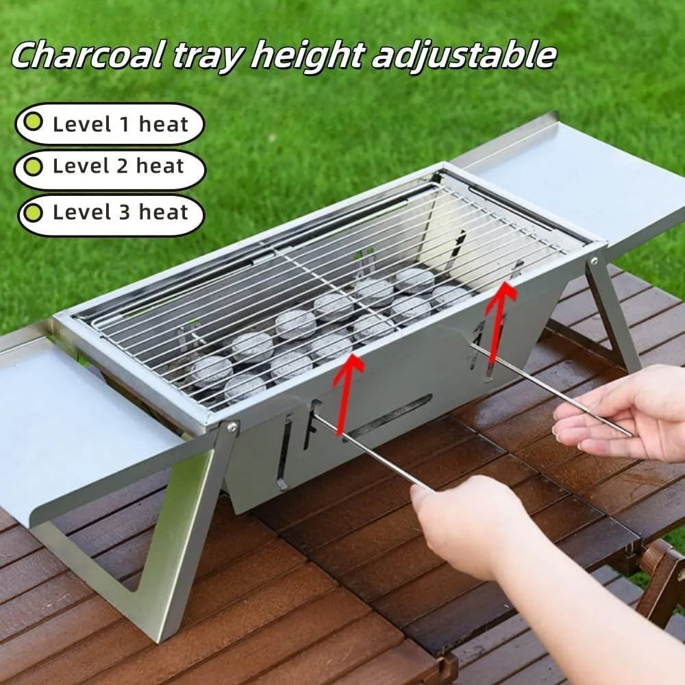 Small black foldable portable charcoal grill for outdoor barbecues, shown in both open and collapsed positions.