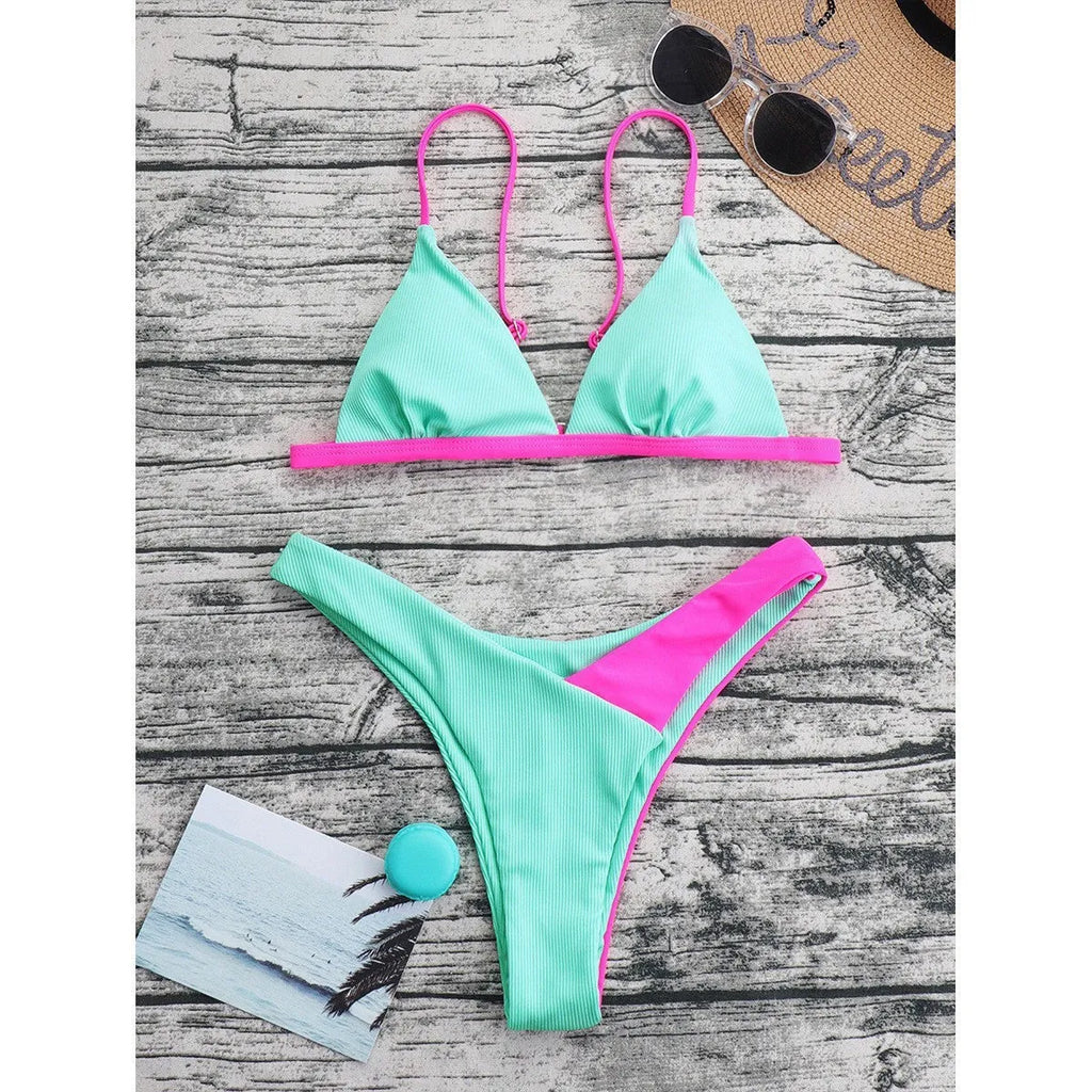 Women's European style nylon swimsuit briefs set with matching bra in pattern colours