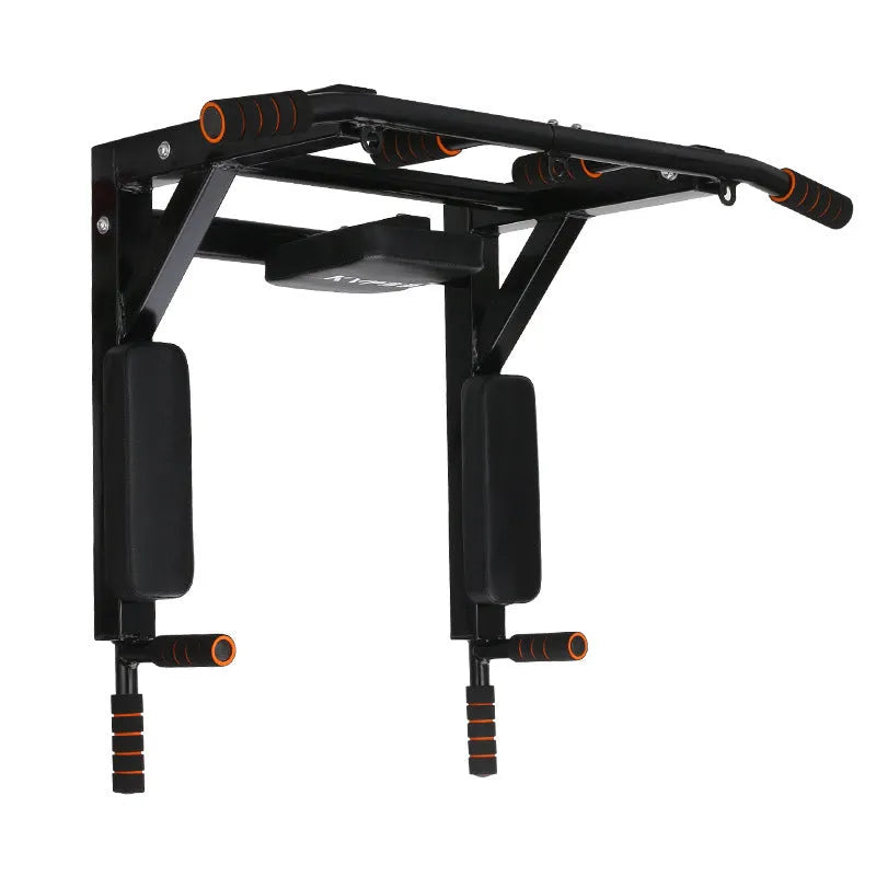 Black wall-mounted fitness equipment with sandbag rack and parallel bars for pull-up training