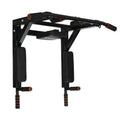 Black wall-mounted fitness equipment with sandbag rack and parallel bars for pull-up training