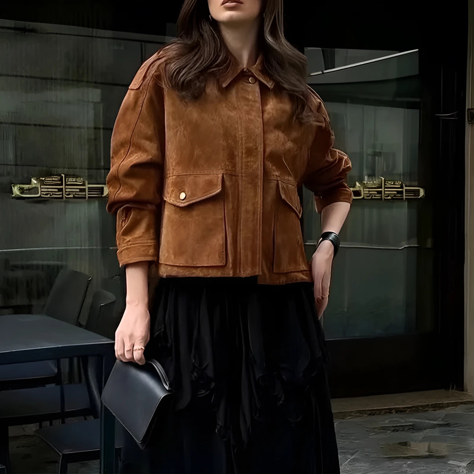Women's brown suede coat with regular sleeves in street chic style, polyester fabric
