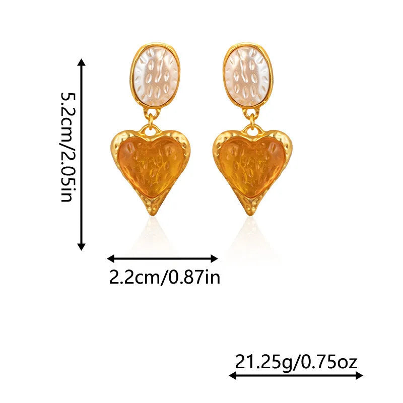 Silver pleated heart-shaped stud earrings in purple, red, green, and yellow/white colours.