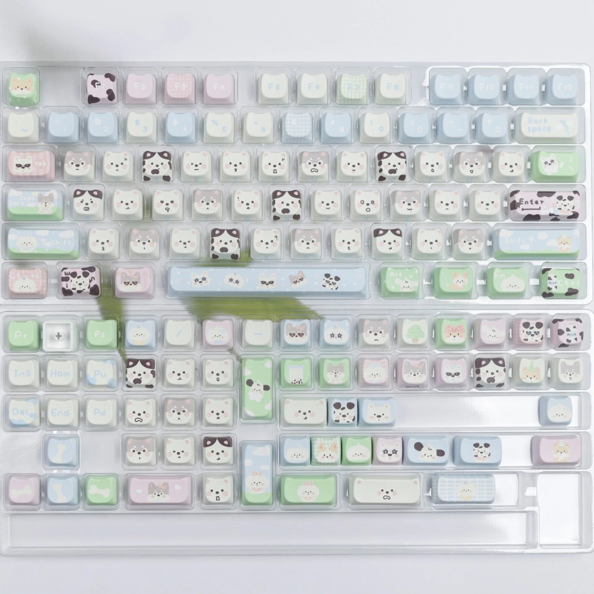 Complete set of PBT keycaps with cat and puppy sublimation designs for mechanical keyboards