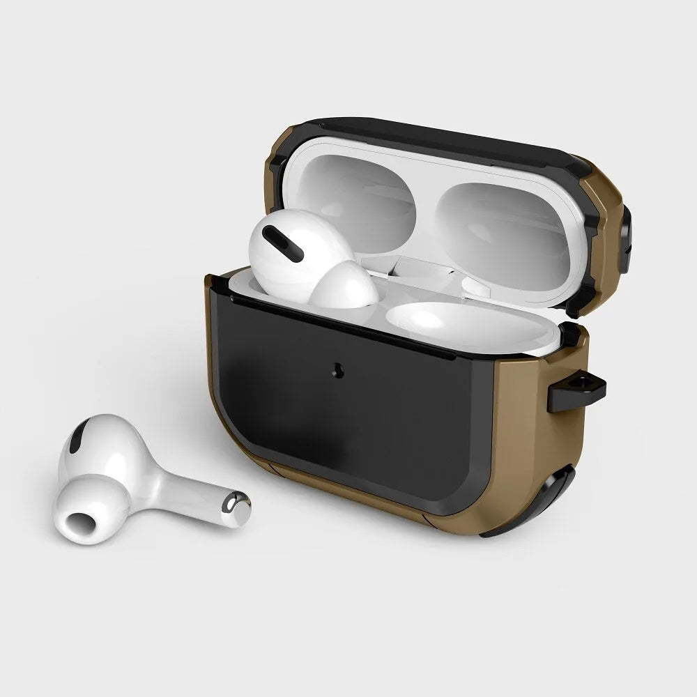 Black TPU and PC protective shell case fitted on a white Apple AirPods Pro charging case.