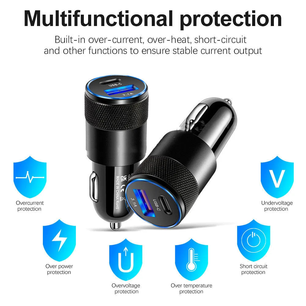 Aluminium alloy car charger with USB ports for vehicle mobile phone charging
