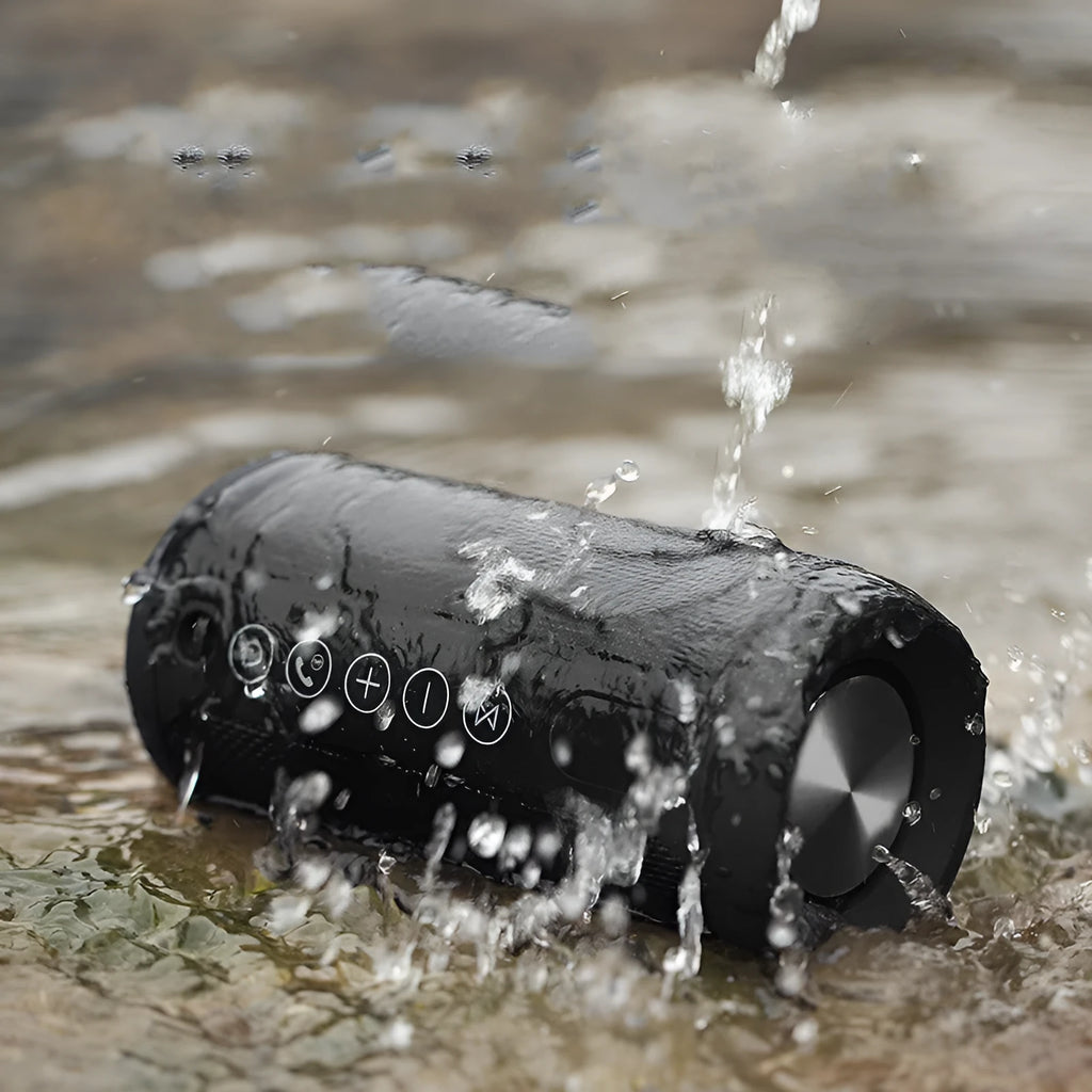 Outdoor waterproof Bluetooth speaker in black, camouflage, grey, or red colours.