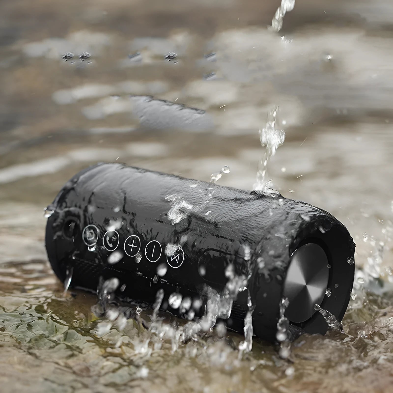 Outdoor waterproof Bluetooth speaker in black, camouflage, grey, or red colours.
