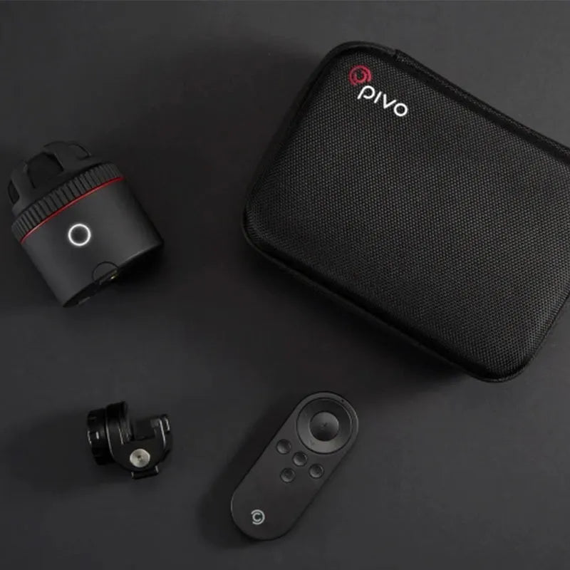 PIVO black matte facial tracking camera accessory showing 360-degree rotation mount for smartphones.