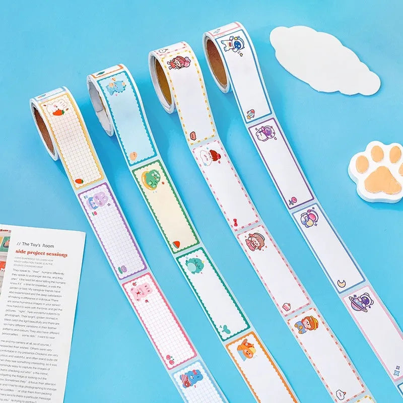 Roll of cartoon tape name labels showing dinosaur, astronaut, rabbit, and girl design options