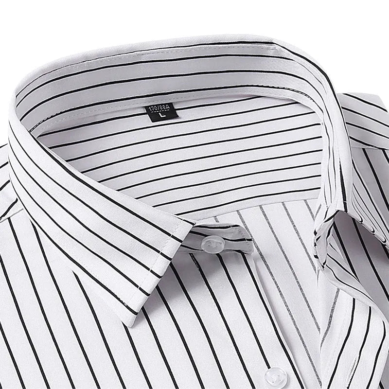 Men's slim fit striped long sleeve formal shirt in ice silk polyester blend for office wear.