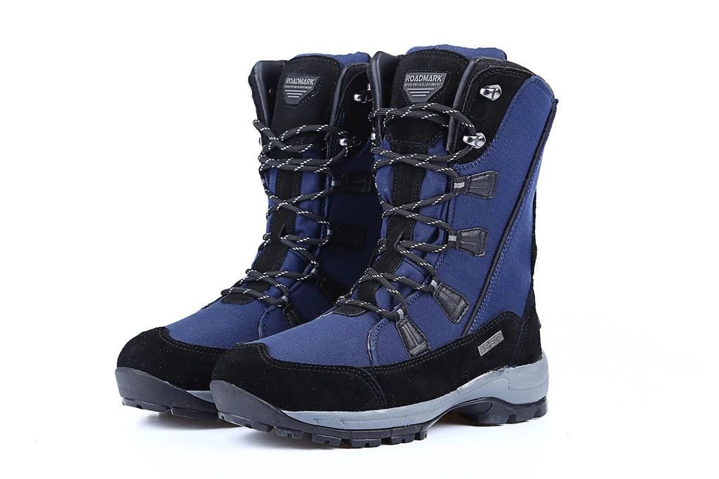 Women's black genuine leather waterproof snow boots with mid-calf length and non-slip rubber soles