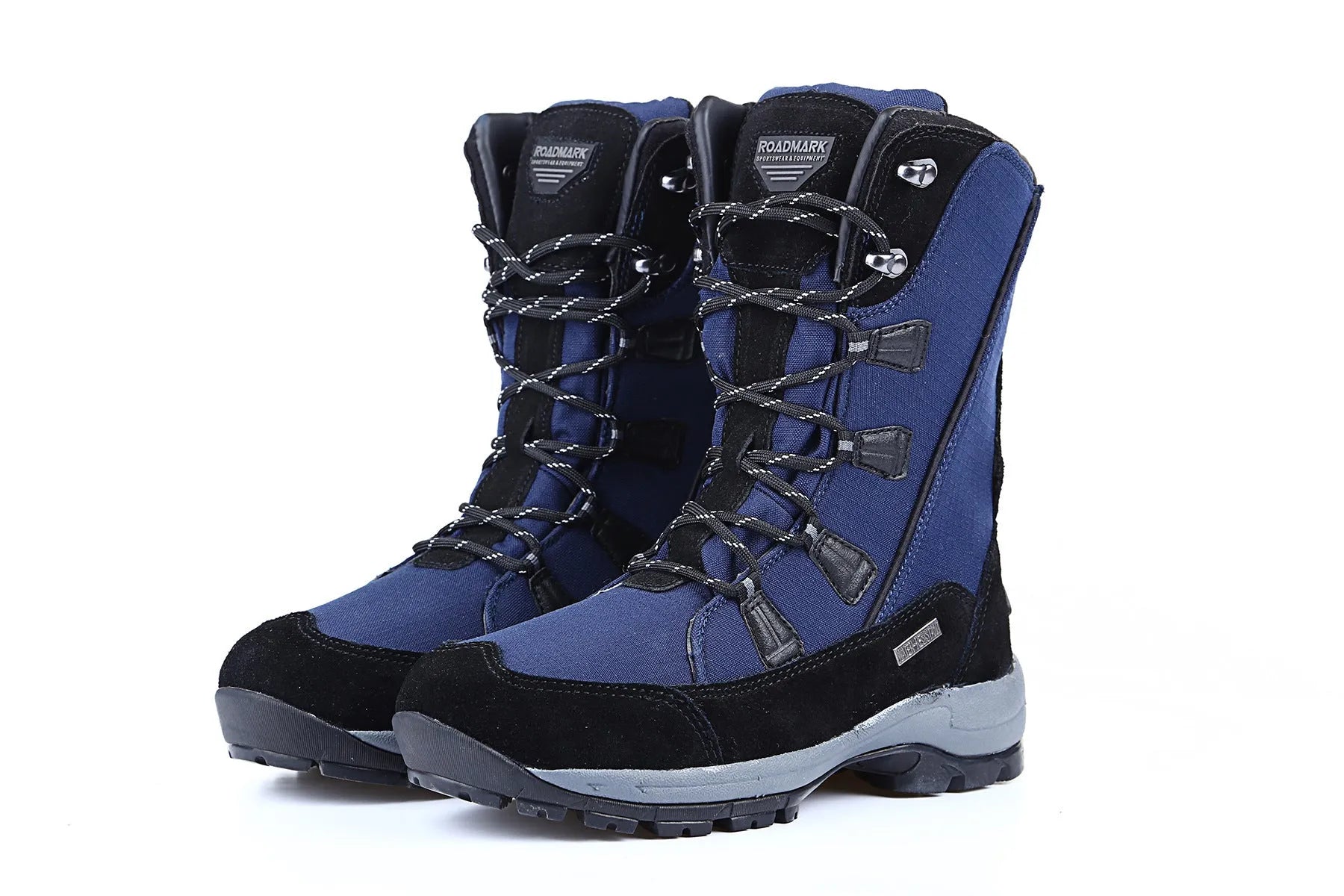 Women's black genuine leather waterproof snow boots with mid-calf length and non-slip rubber soles