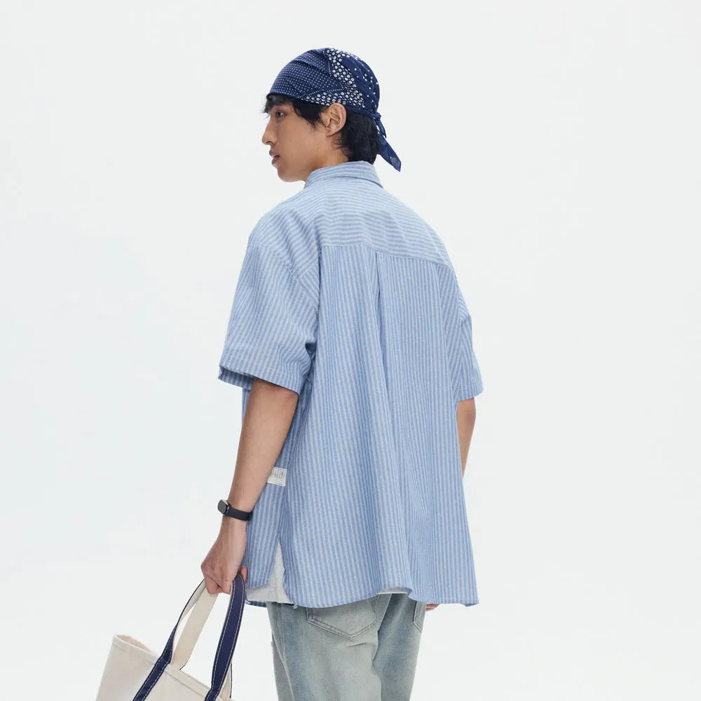 Blue and white striped loose-fit short-sleeved overalls shirt or cardigan for men and women