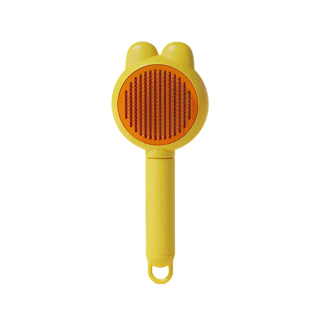 Self-cleaning pet grooming brush with release button and metal comb teeth in multiple colour options