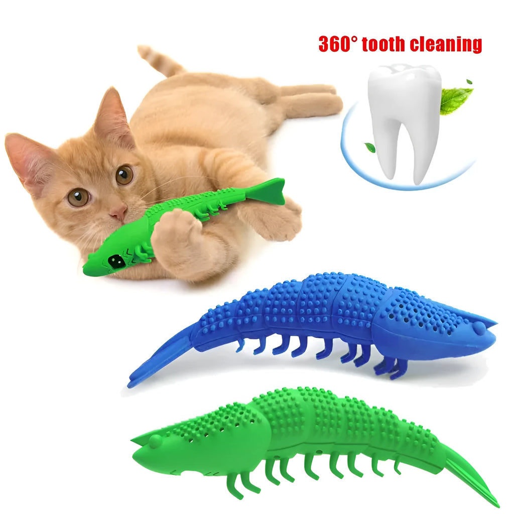Blue cat toothbrush chew toy with hard rubber construction for dental care play