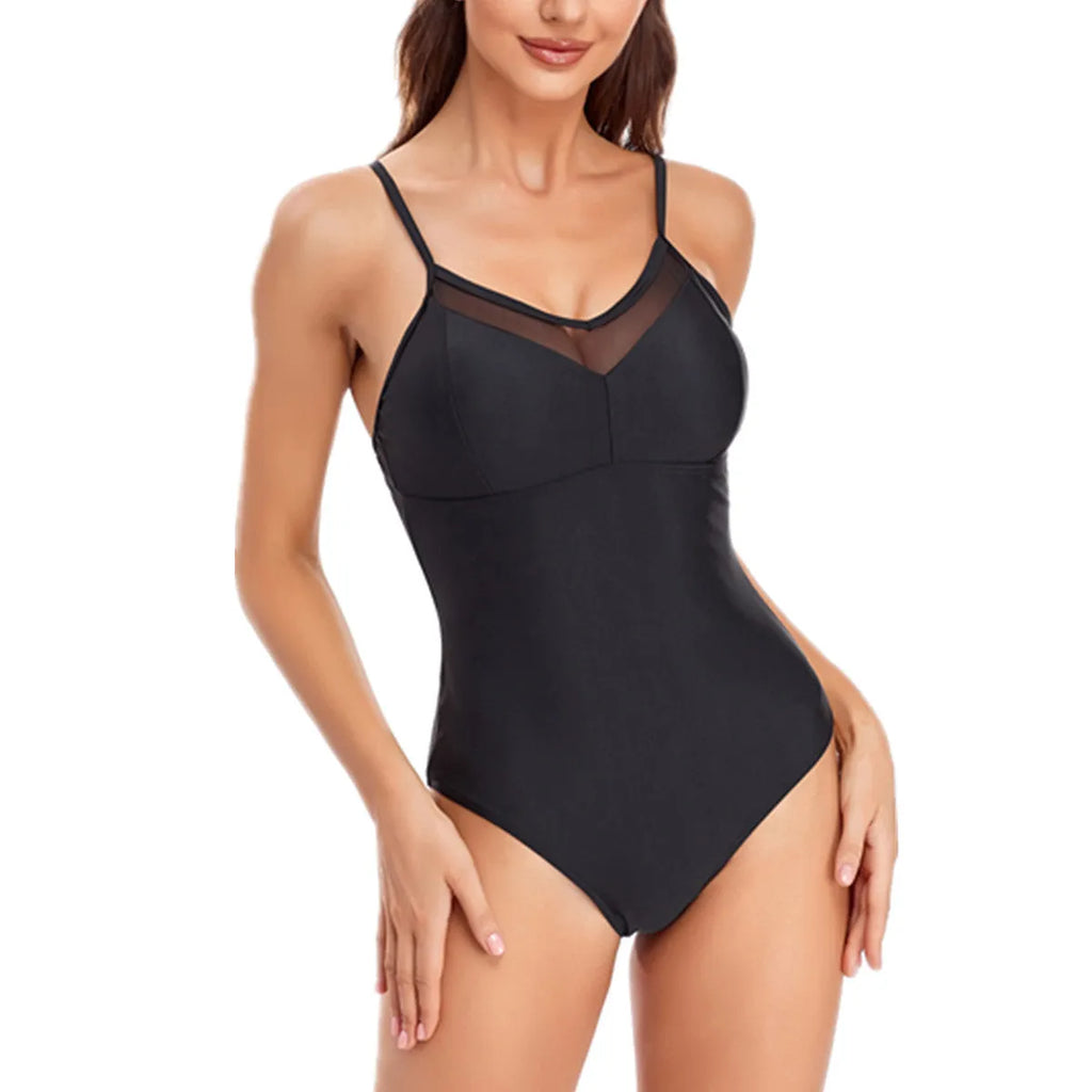 Solid colour backless one-piece swimsuit on a hanger, shown in black and blue options.