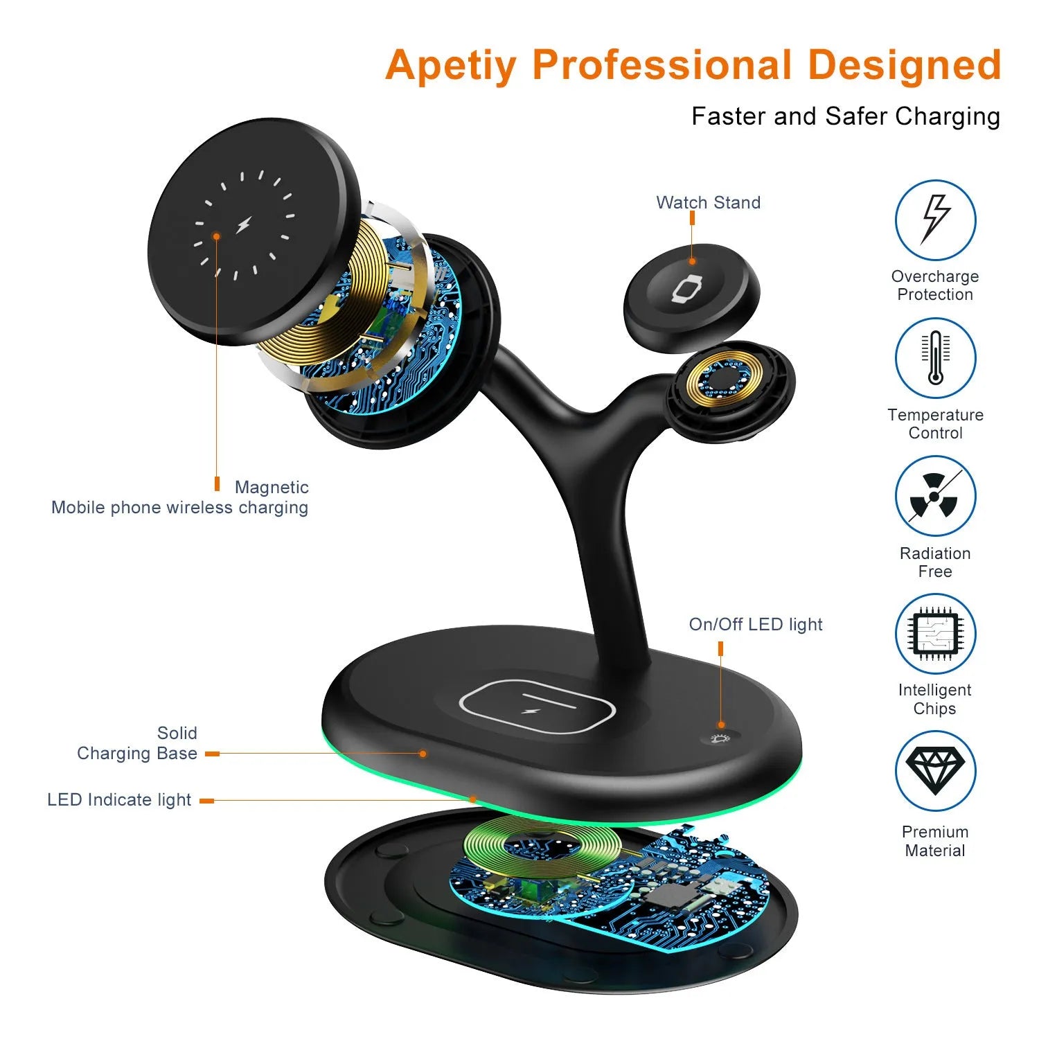 Black minimalist magnetic wireless charger for iPhone MagSafe on a table.