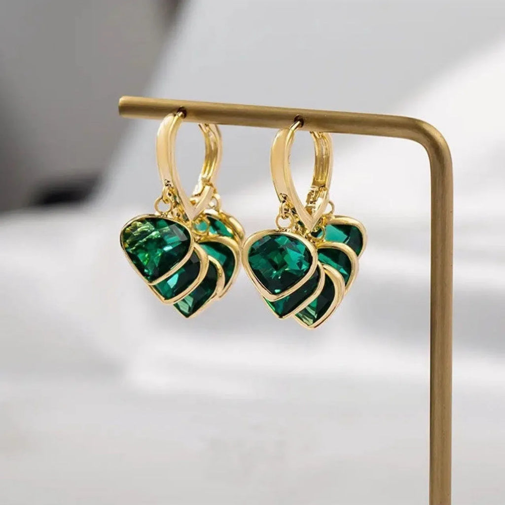 Green heart pendant glass ear clip earrings with Korean style design and alloy gemstone details
