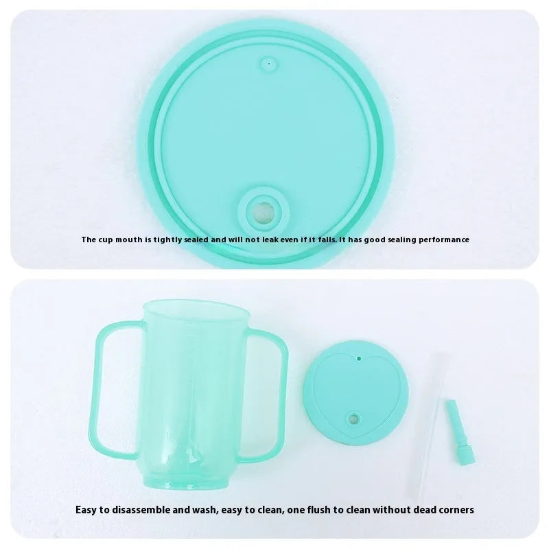 Adult anti-choke care cup with slanted spout, handle and lid in PP material