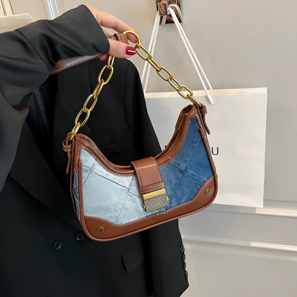 Brown denim women's shoulder bag with diamond chain, bucket design and street trend detailing