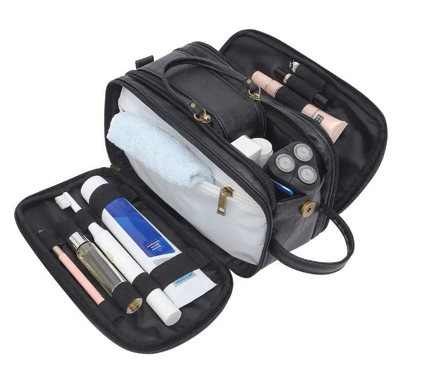 Black and brown pu leather men's toiletry bag for travel storage
