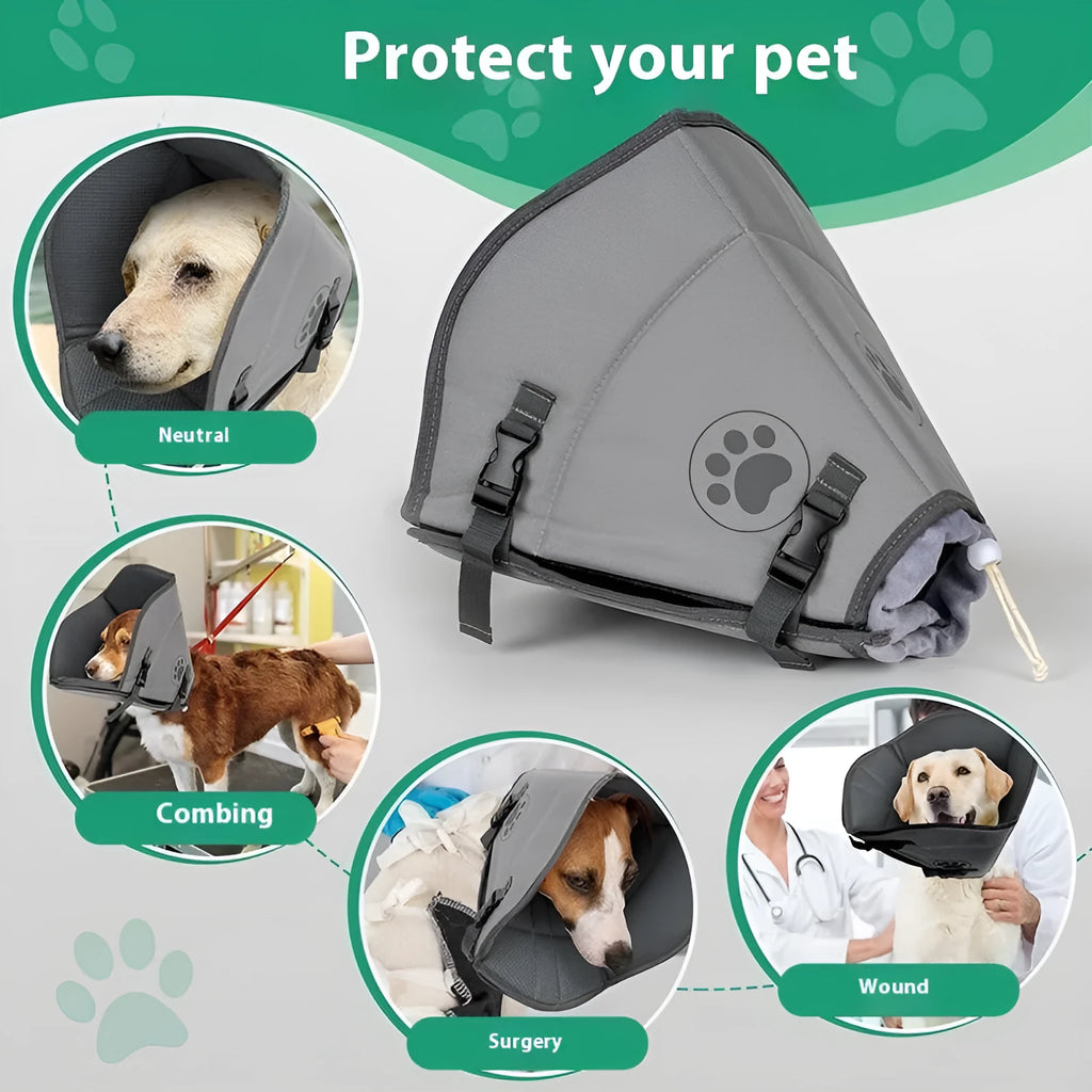 Adjustable polyester pet recovery collar shown in single-layer and double-layer styles for post-surgery care.