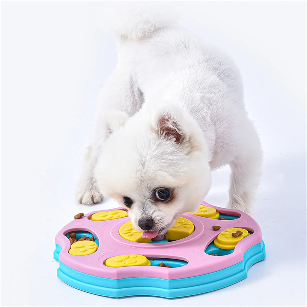 Blue and pink interactive dog puzzle feeder toy for slow eating and mental games