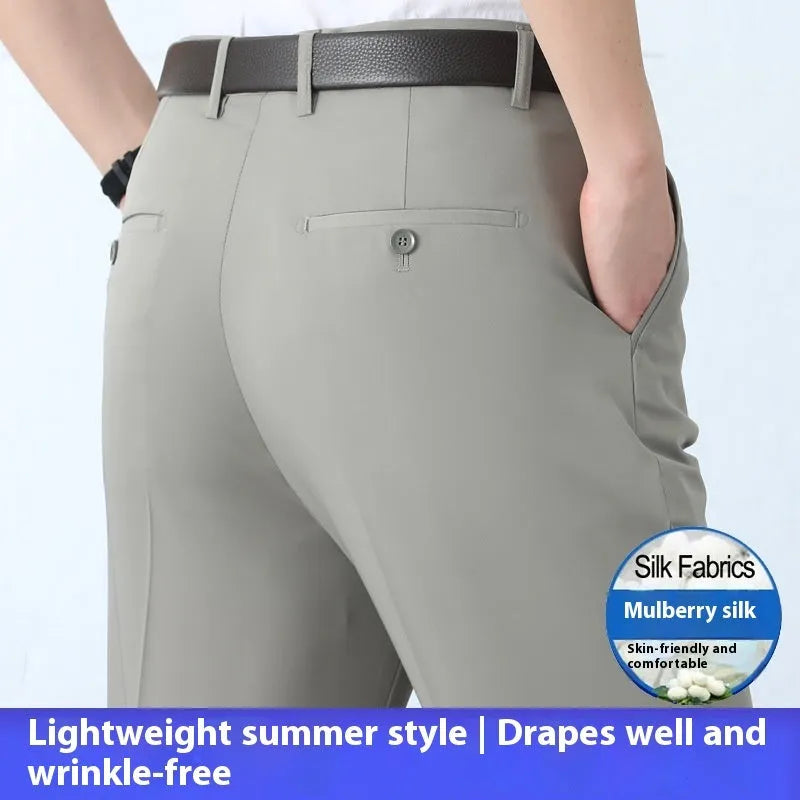 Men's straight-leg business trousers in mulberry silk fabric with non-iron finish