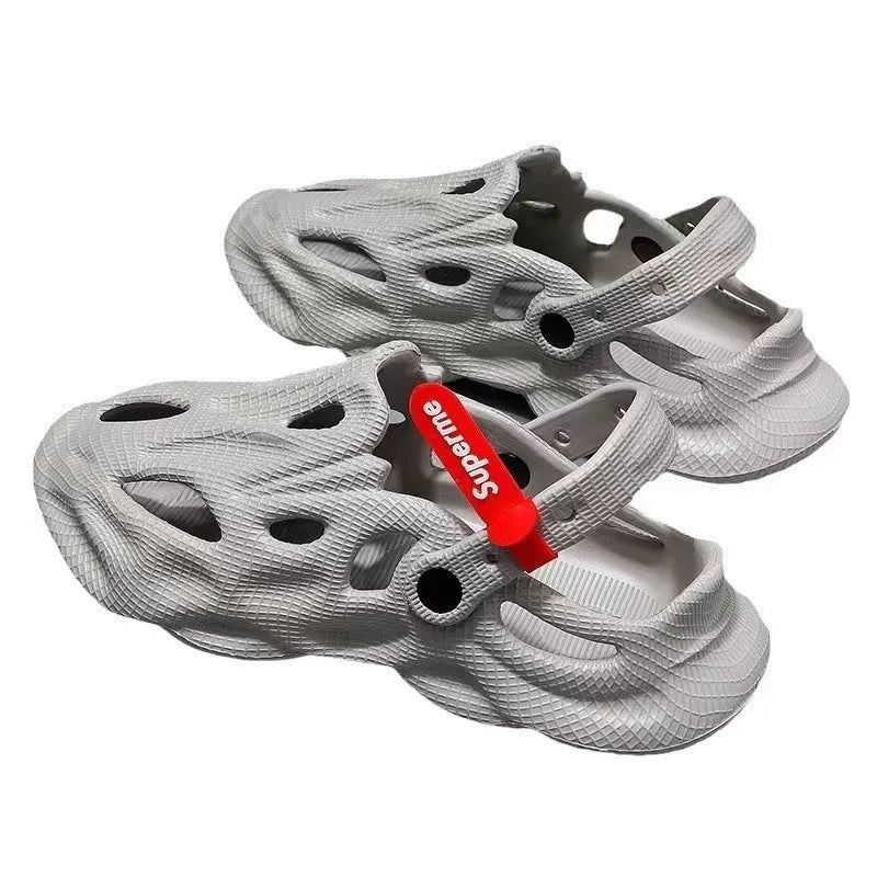 Coconut EVA closed toe slippers in grey colour showing hole pattern design and Korean style