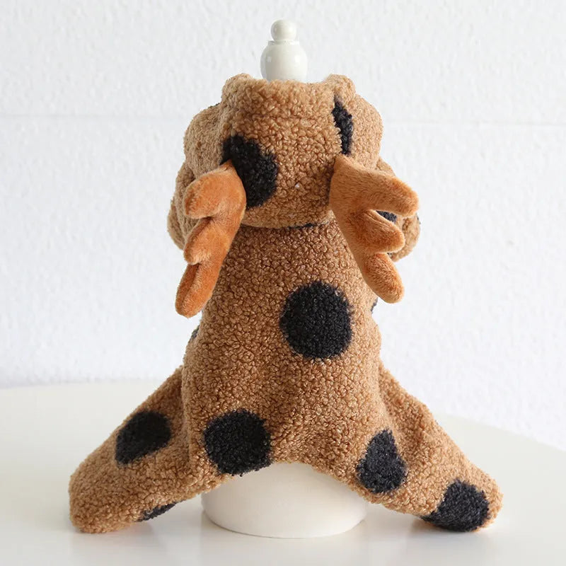 Polka dot pattern pet clothing with elk couple motif in four-legs or skirt style options