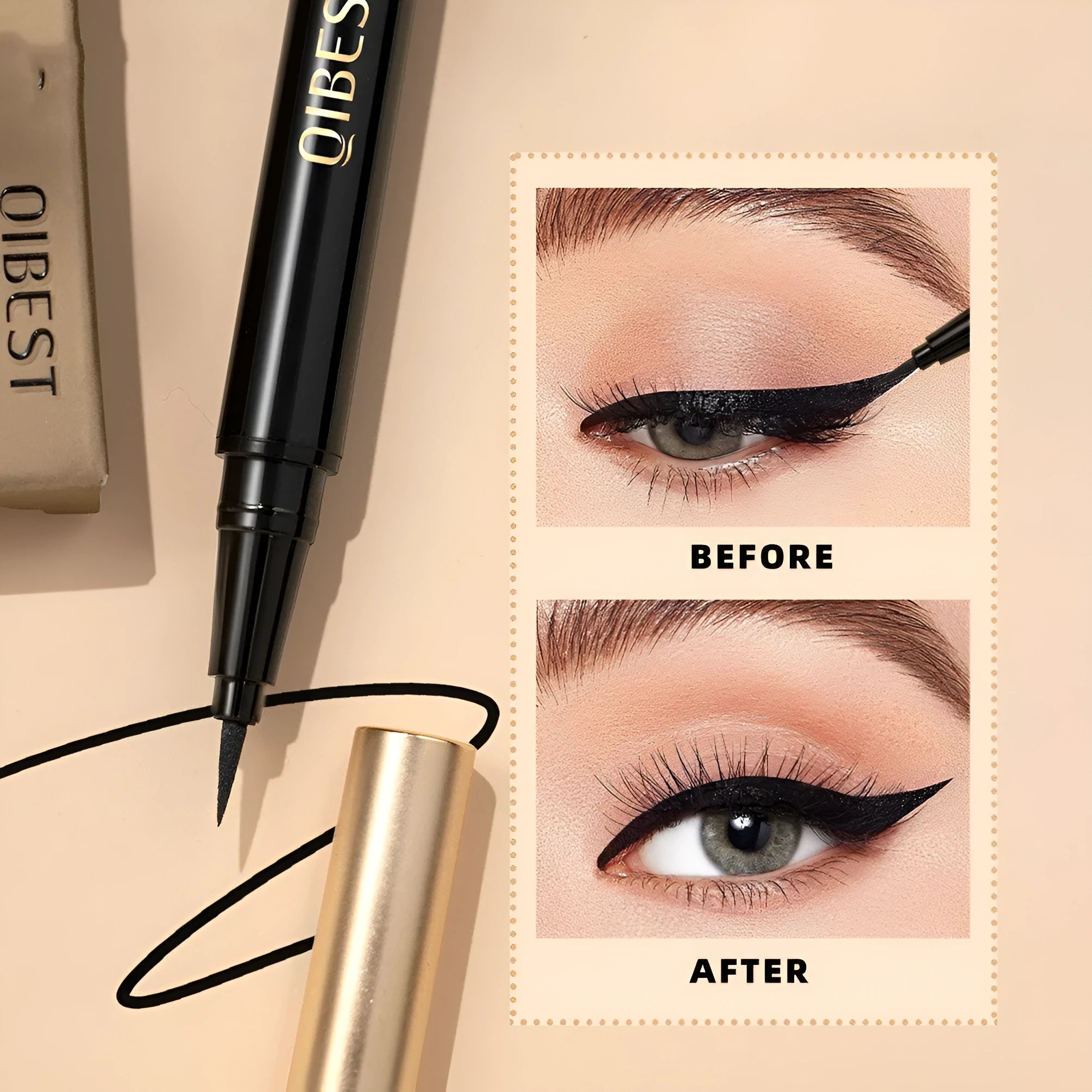 Black liquid eyeliner pen with sweat-proof and quick-drying properties.