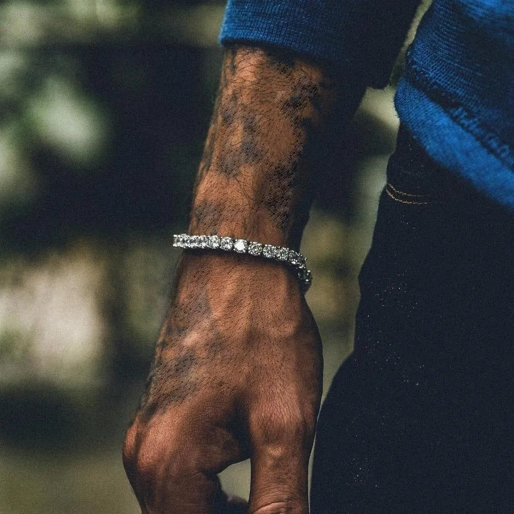 Men's geometric hip hop bracelet with single row iced-out rhinestones and tennis charm on alloy link chain