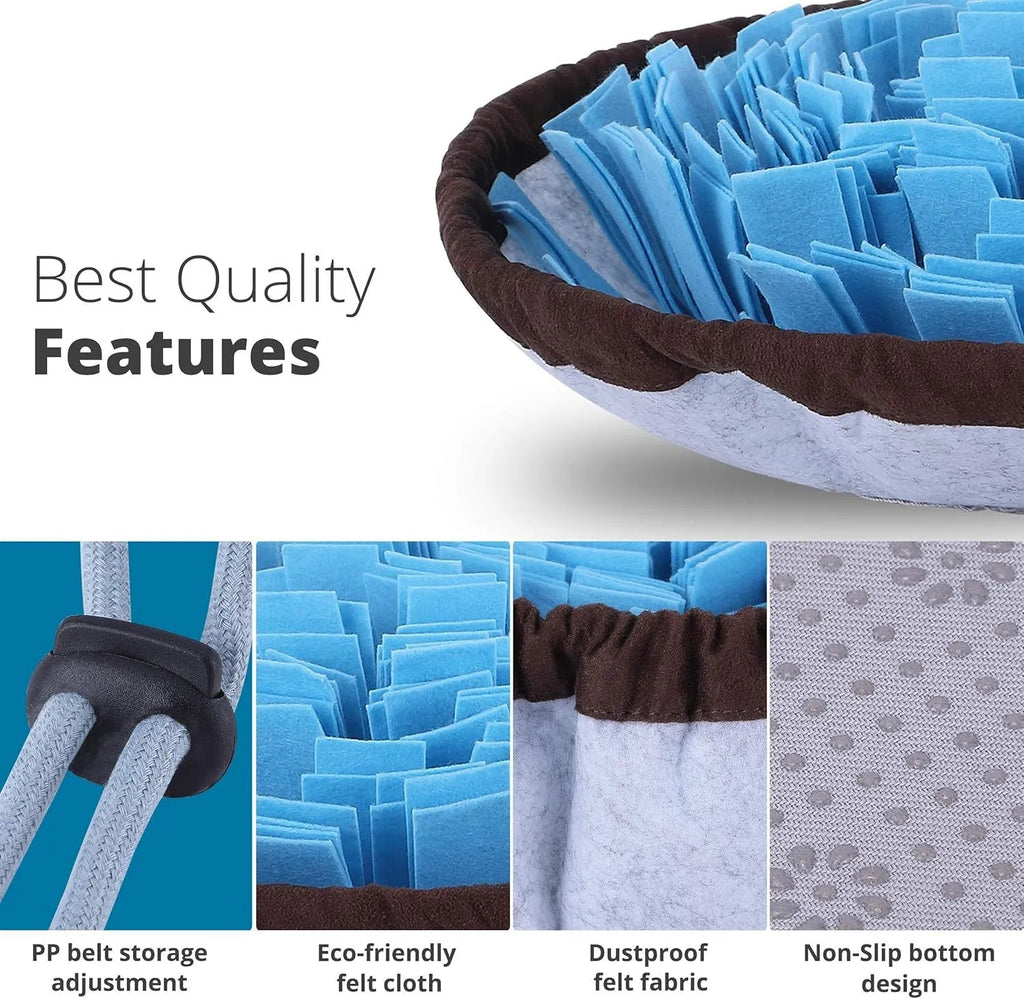 Blue adjustable snuffle mat for dogs with removable insert and fleece fabric strips