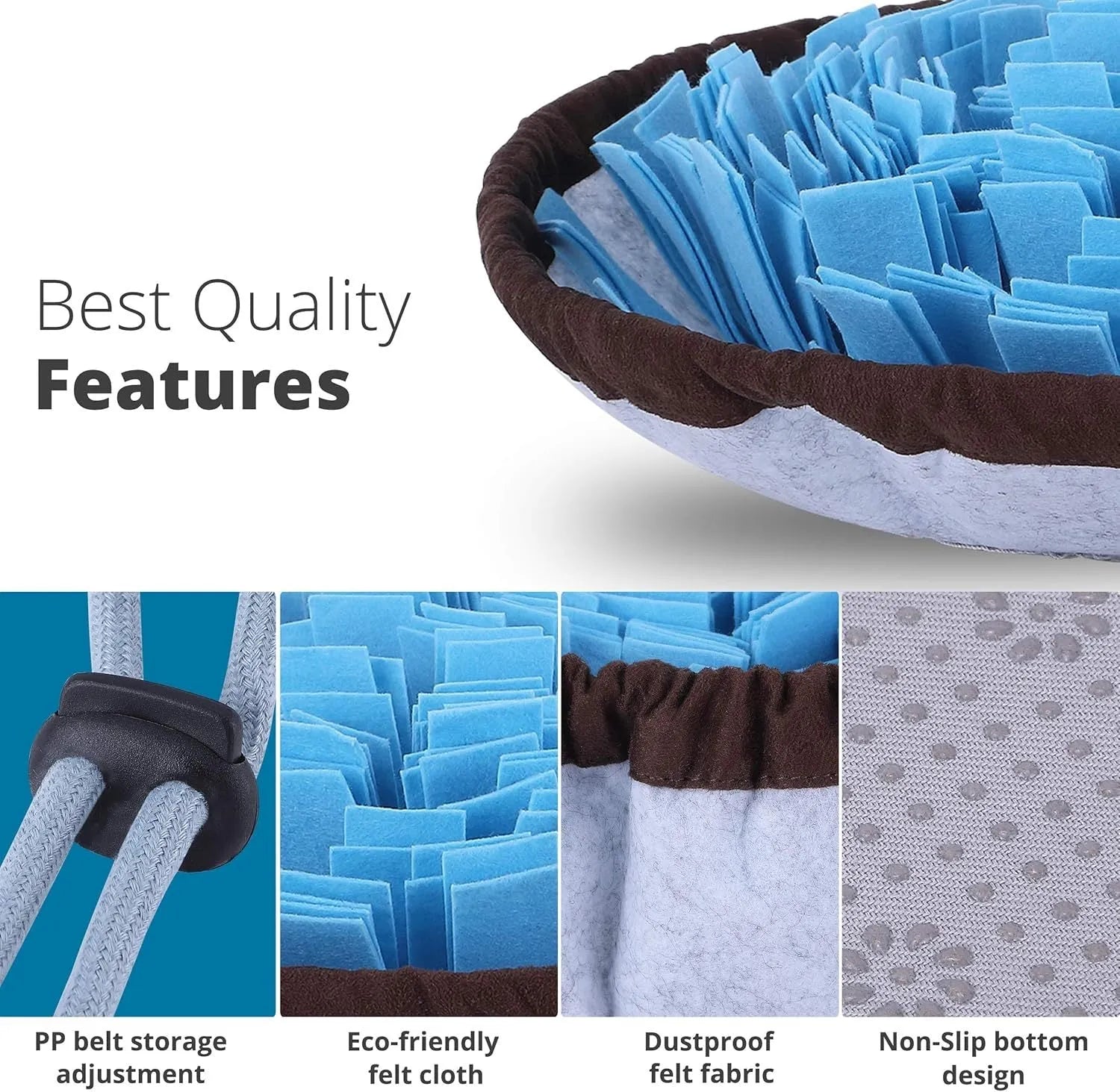 Blue adjustable snuffle mat for dogs with removable insert and fleece fabric strips