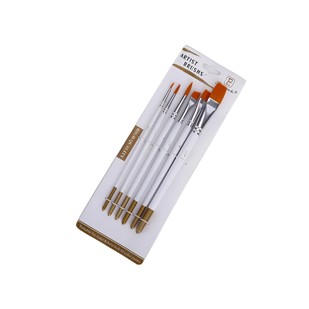 Set of six watercolour acrylic brushes with wood handles in various sizes for painting