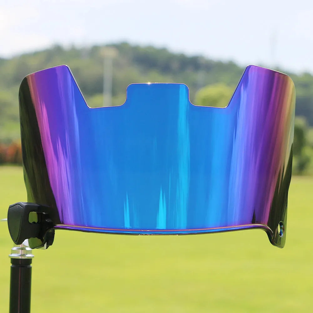Multicolour American-style rugby helmet goggles shown attached to a helmet for impact protection.