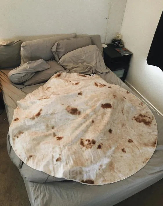 Round shape flannel burrito blanket with food-themed printing showing coral fleece texture