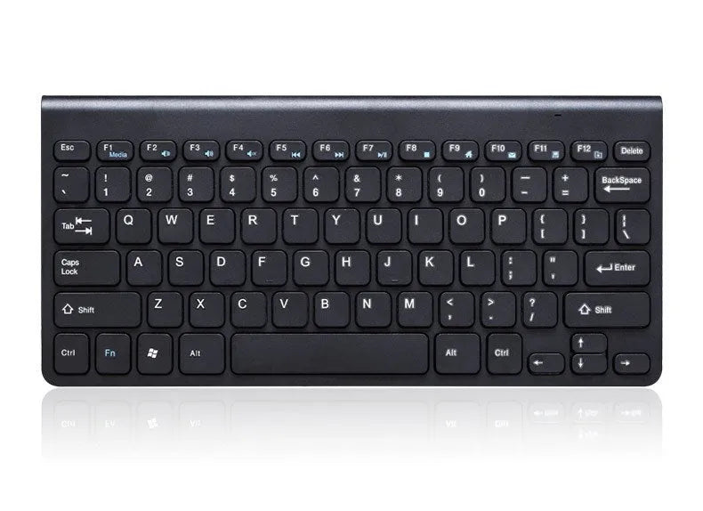 Black wireless keyboard and mouse set with 78 keys and 4-button mouse on desk