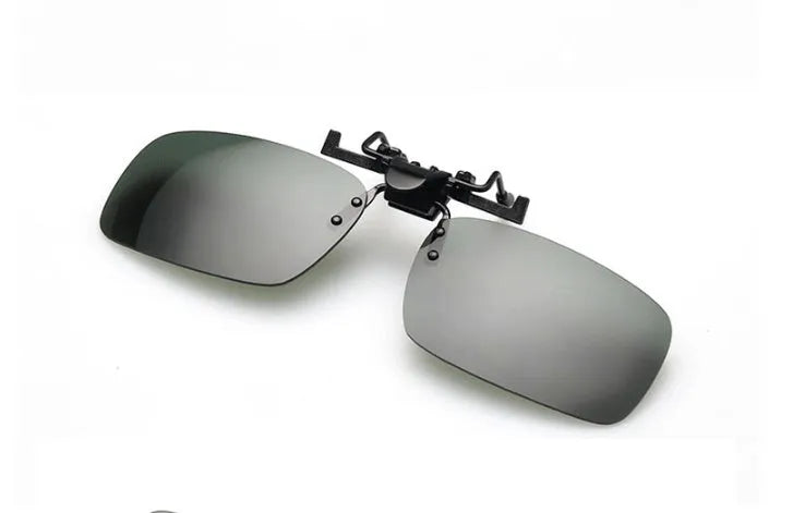 Plastic clip-on sunglasses attachment for prescription glasses, shown with dark green PC lens.