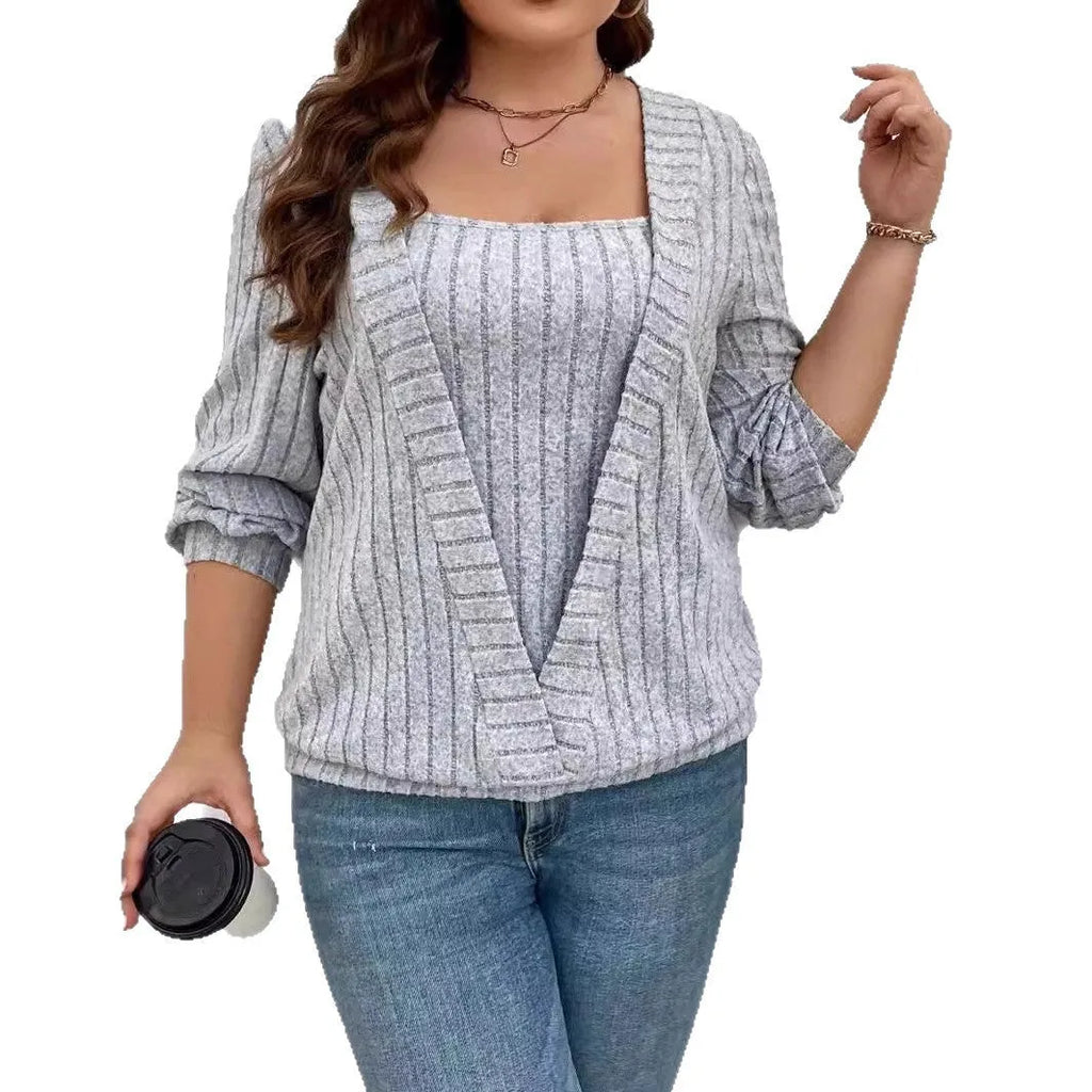 Women's solid colour V-neck long sleeve false two-piece suit in loose rib fabric fit.