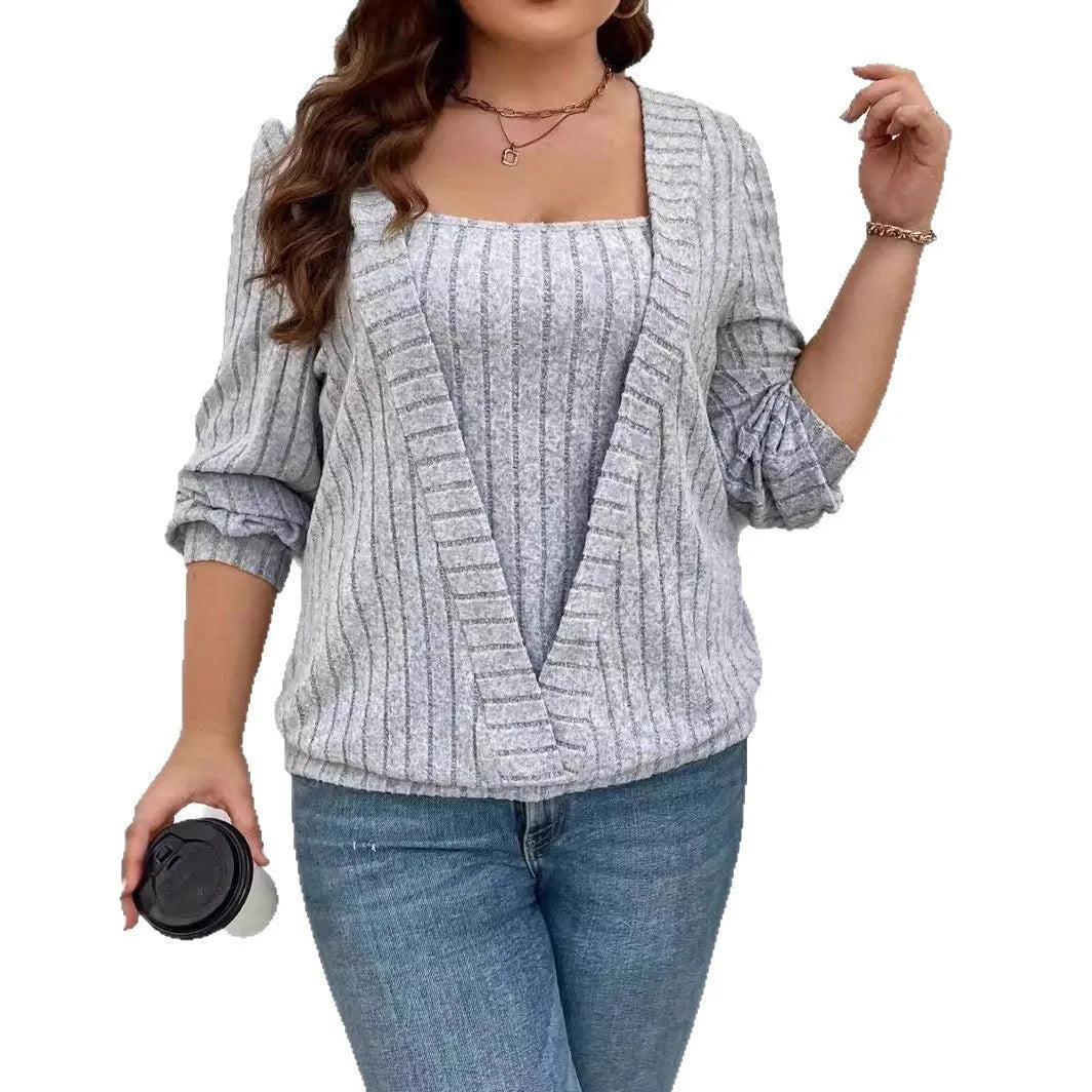 Women's solid colour V-neck long sleeve false two-piece suit in loose rib fabric fit.