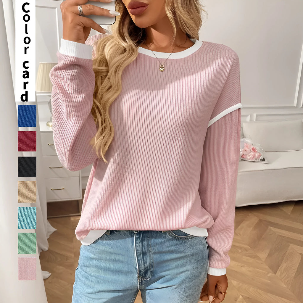 Women's loose fit round neck long sleeve pullover top in polyester knit fabric shown in multiple colour options.