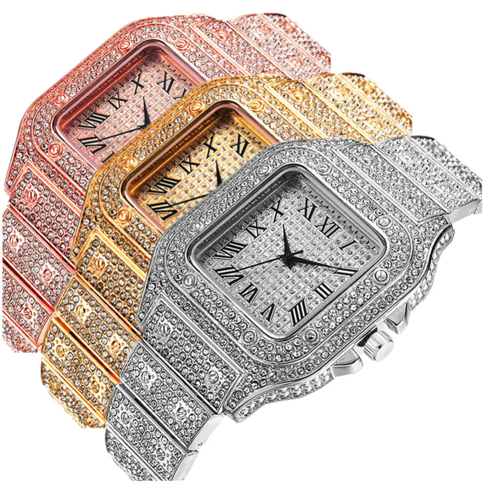 Roman numeral quartz watch with black mesh band and square diamond dial, with matching bracelet and necklace set.