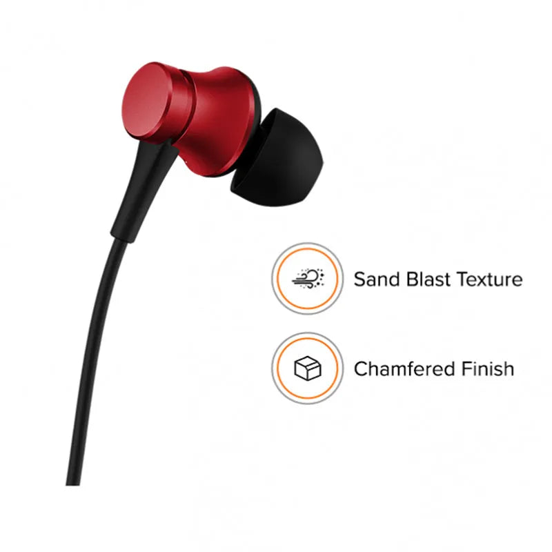 Piston-style wired in-ear headphones with a 3.5mm plug, shown in black, blue and red colour options.