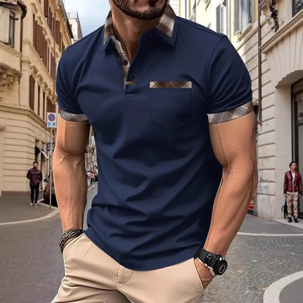 Men's plaid colourblock t-shirt in polyester fabric with short sleeves and loose fit