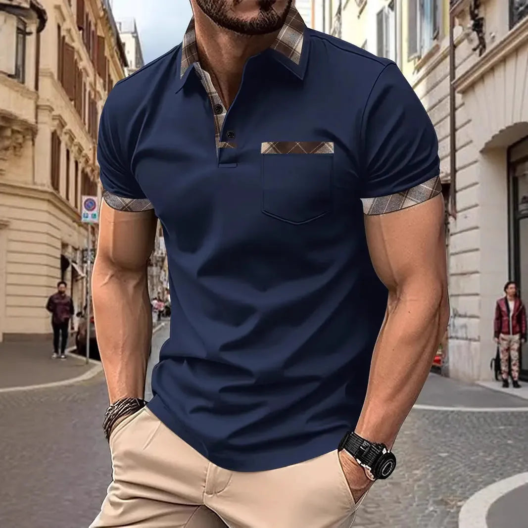Men's plaid colourblock t-shirt in polyester fabric with short sleeves and loose fit