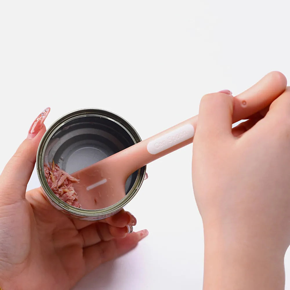 Long-handled TPR pet food spoon in green colour with right-angle scraper design for canned food