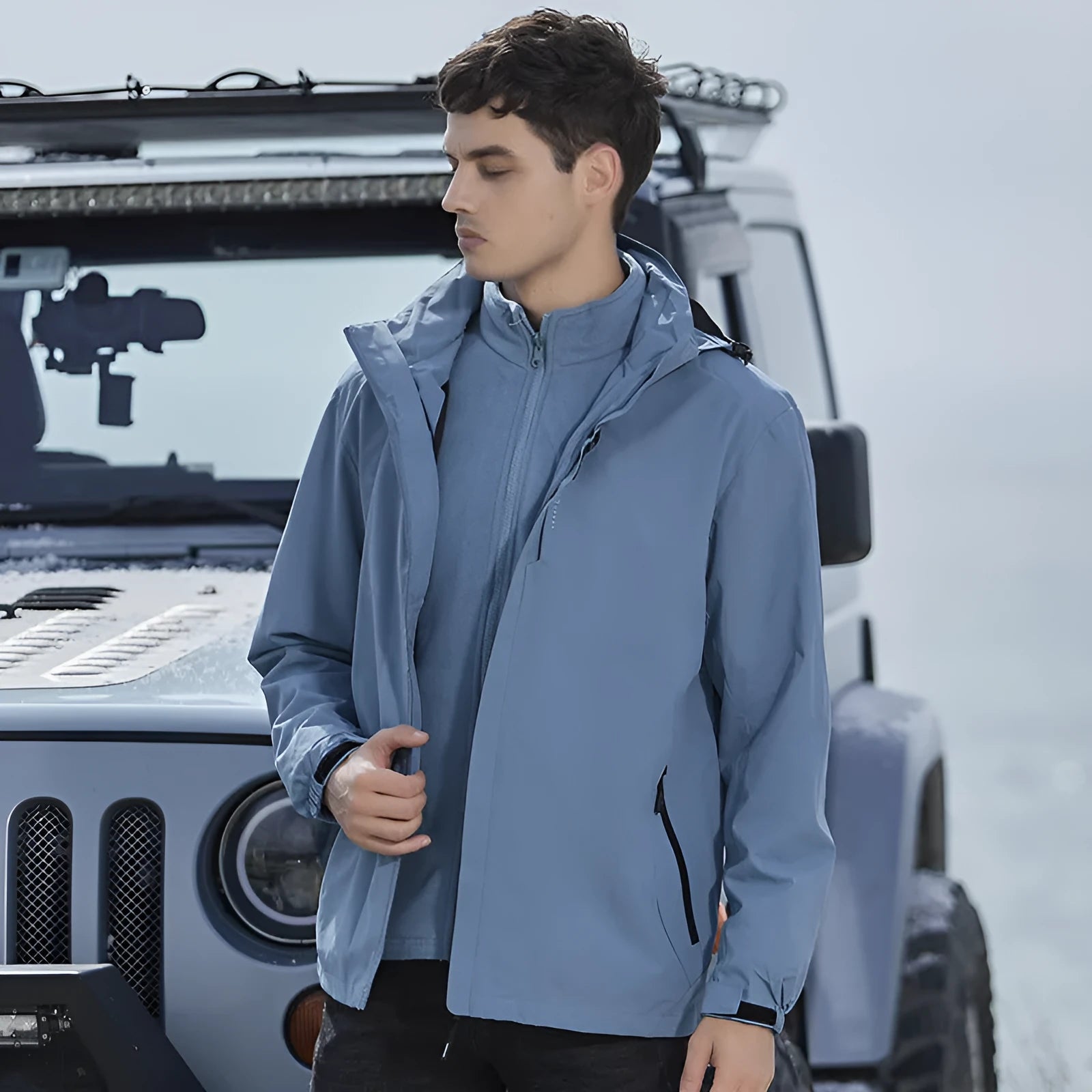 Men's black removable layer waterproof mountaineering suit jacket and trousers set for outdoor sports